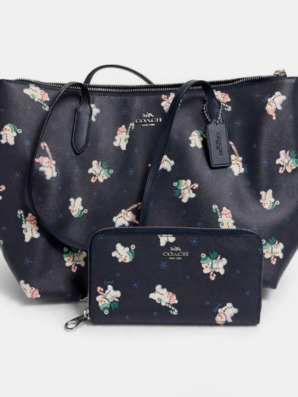 Coach Navy Snowman Print Leather Tote with Matching Wallet